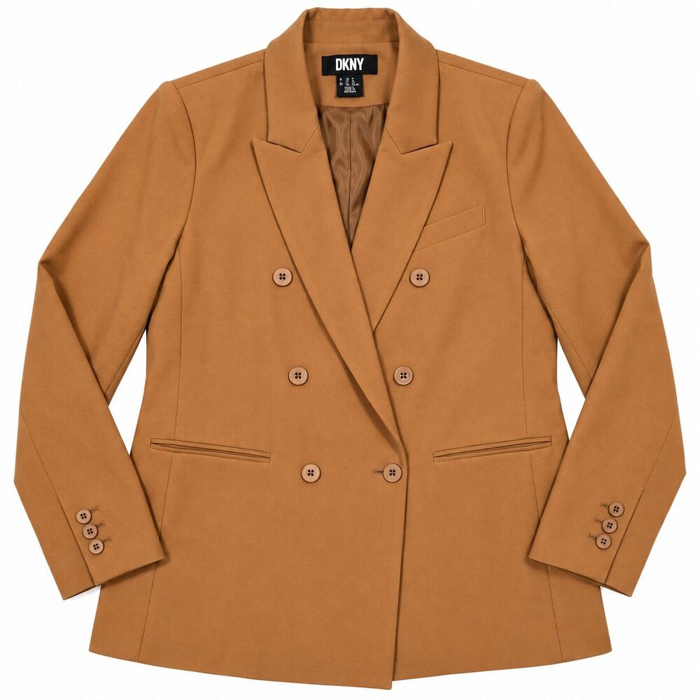 DKNY Womens Size 12 Camel Double Breasted Blazer Tan Stretch Lined Career Jacket